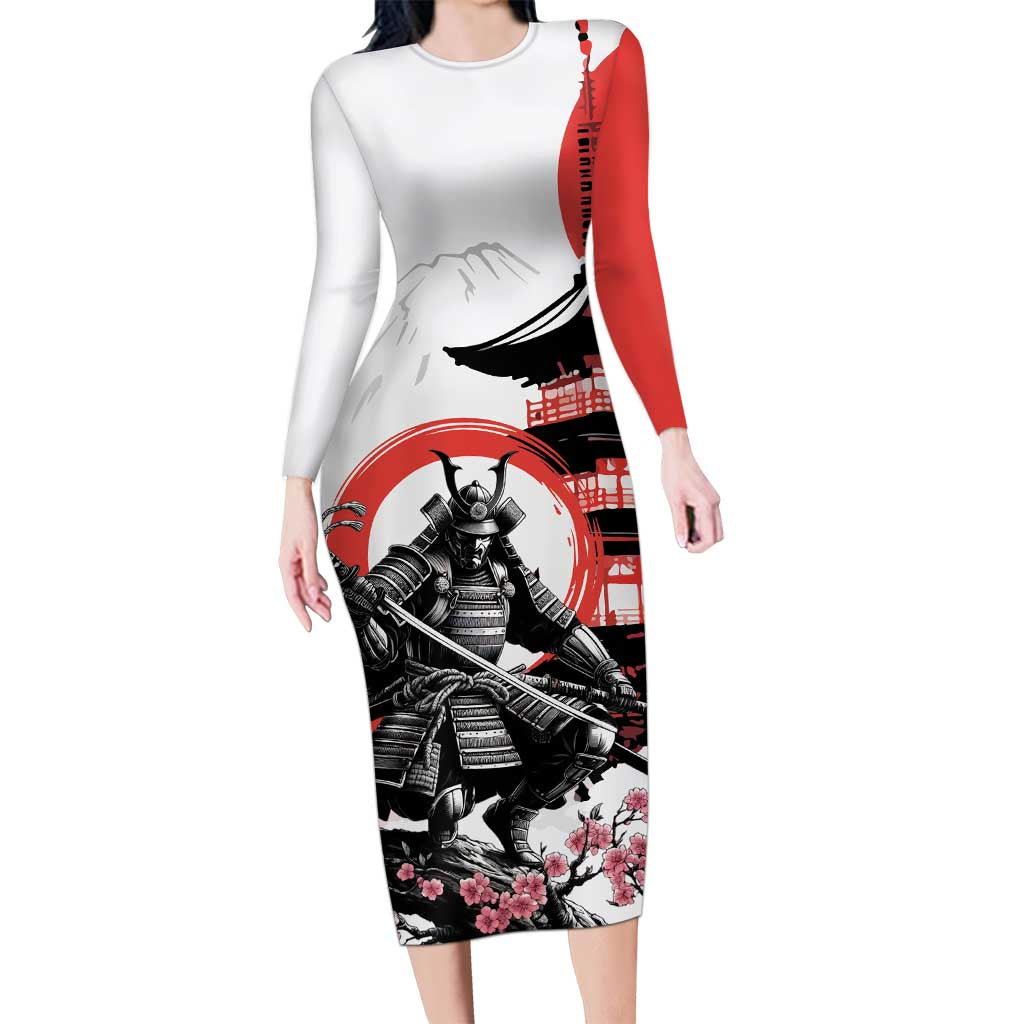 Japanese Samurai Warrior Enso Long Sleeve Bodycon Dress Japan Pagoda Sakura Watercolor - Polynesian Pride