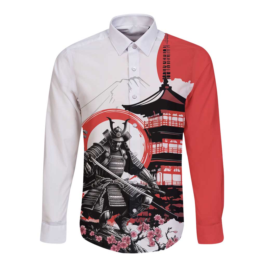 Japanese Samurai Warrior Enso Long Sleeve Button Shirt Japan Pagoda Sakura Watercolor - Polynesian Pride