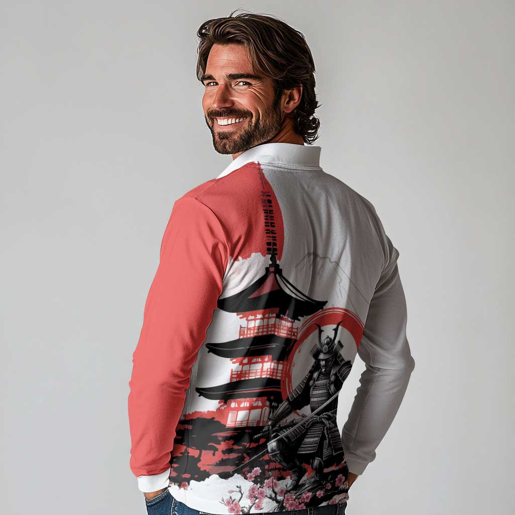 Japanese Samurai Warrior Enso Long Sleeve Polo Shirt Japan Pagoda Sakura Watercolor - Polynesian Pride
