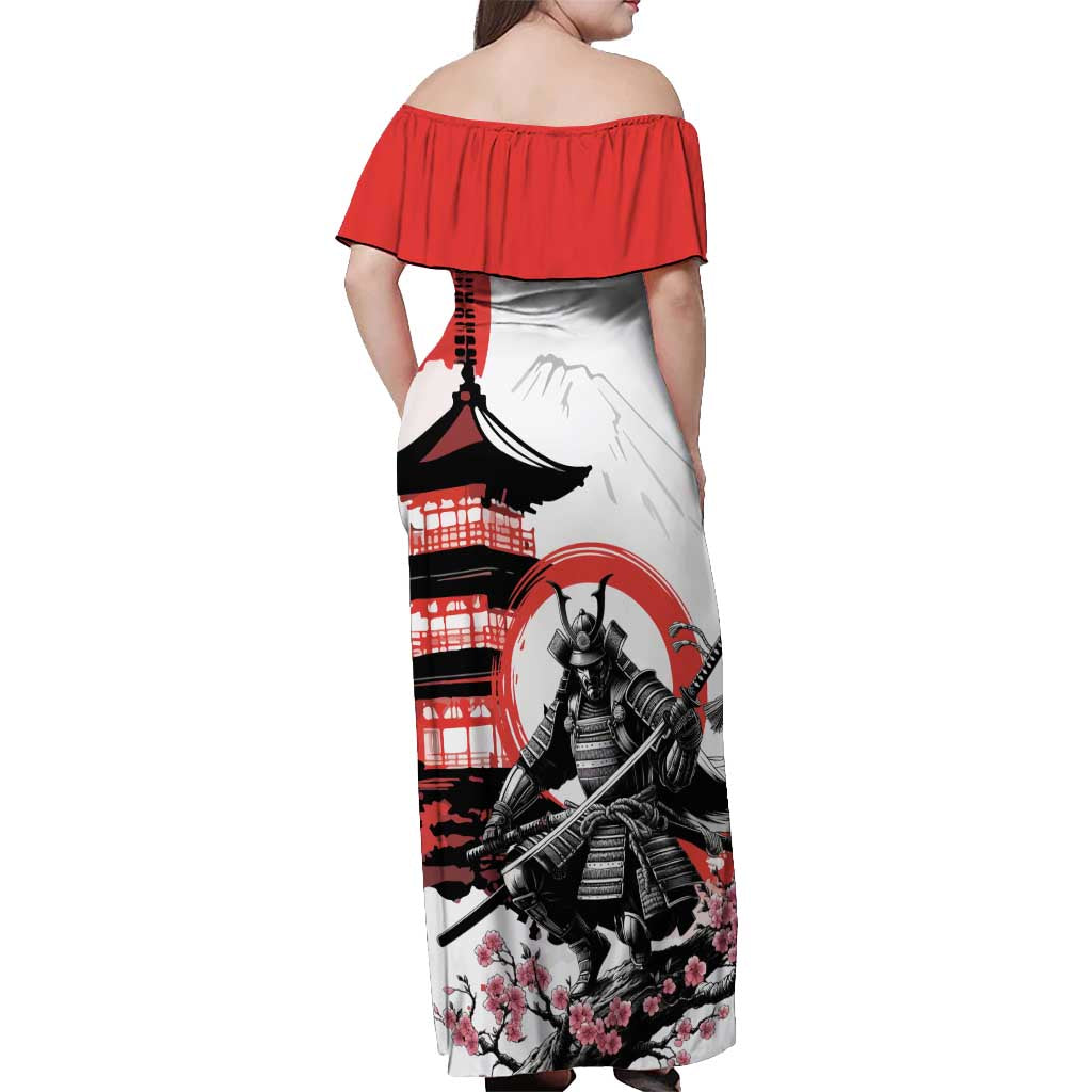 Japanese Samurai Warrior Enso Off Shoulder Maxi Dress Japan Pagoda Sakura Watercolor - Polynesian Pride