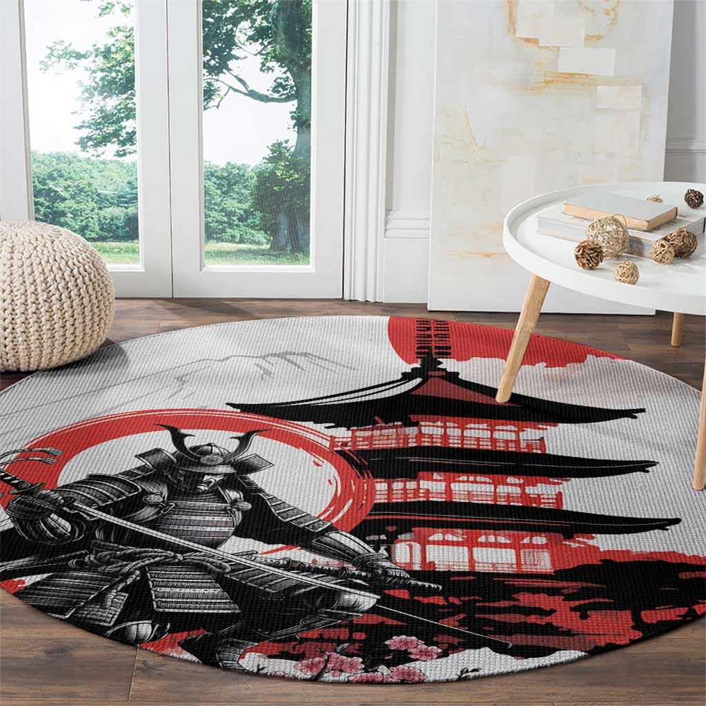Japanese Samurai Warrior Enso Round Carpet Japan Pagoda Sakura Watercolor - Polynesian Pride