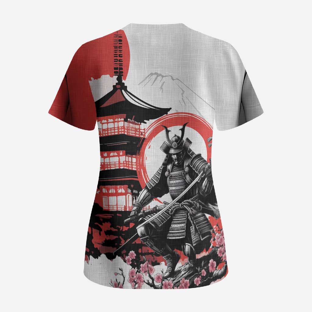 Japanese Samurai Warrior Enso Scrub Top Japan Pagoda Sakura Watercolor - Polynesian Pride