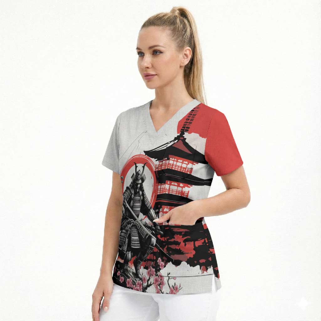 Japanese Samurai Warrior Enso Scrub Top Japan Pagoda Sakura Watercolor - Polynesian Pride