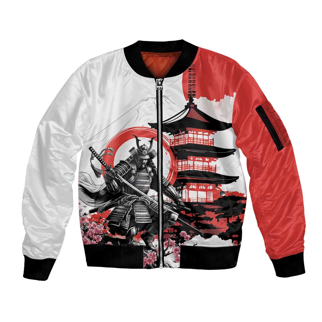 Japanese Samurai Warrior Enso Sleeve Zip Bomber Jacket Japan Pagoda Sakura Watercolor - Polynesian Pride