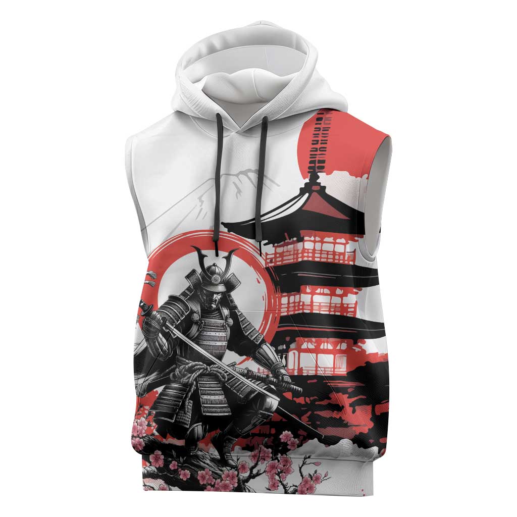 Japanese Samurai Warrior Enso Sleeveless Hoodie Japan Pagoda Sakura Watercolor - Polynesian Pride