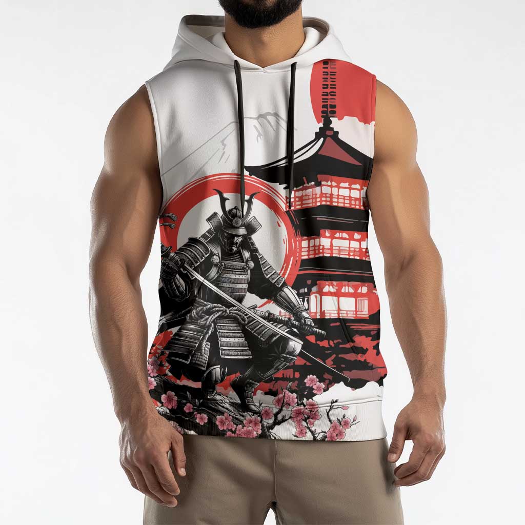 Japanese Samurai Warrior Enso Sleeveless Hoodie Japan Pagoda Sakura Watercolor - Polynesian Pride