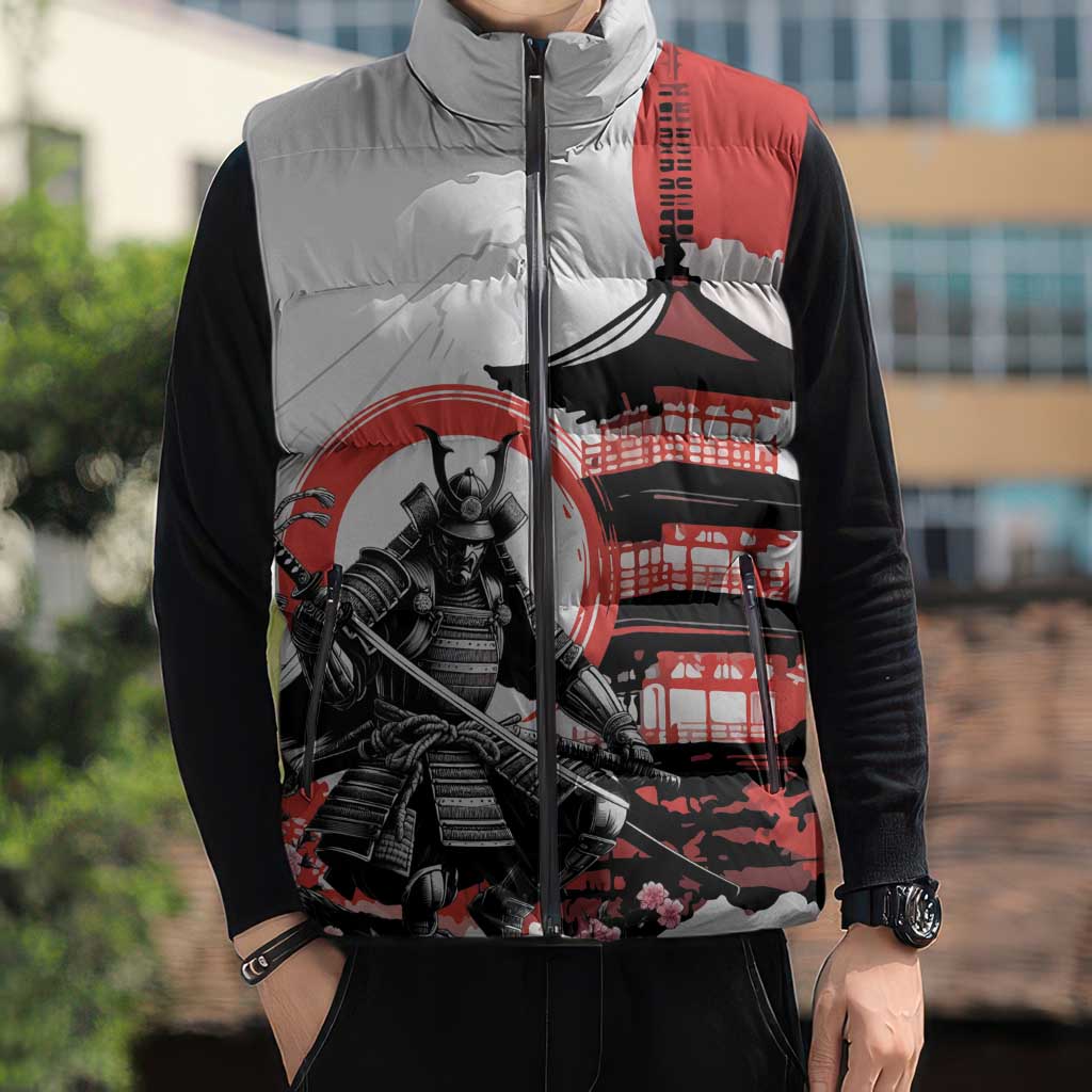 Japanese Samurai Warrior Enso Sleeveless Puffer Jacket Japan Pagoda Sakura Watercolor - Polynesian Pride