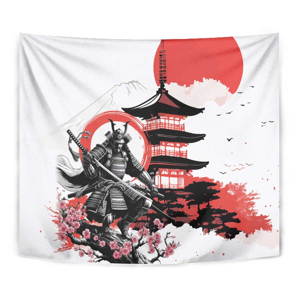 Japanese Samurai Warrior Enso Tapestry Japan Pagoda Sakura Watercolor - Polynesian Pride