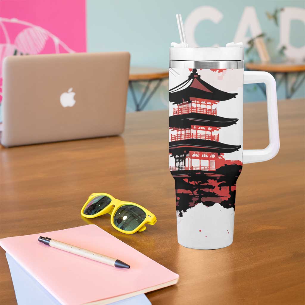 Japanese Samurai Warrior Enso Tumbler With Handle Japan Pagoda Sakura Watercolor - Polynesian Pride