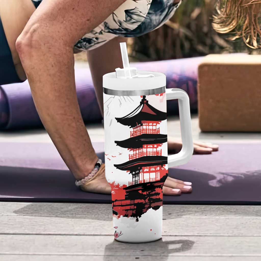 Japanese Samurai Warrior Enso Tumbler With Handle Japan Pagoda Sakura Watercolor - Polynesian Pride