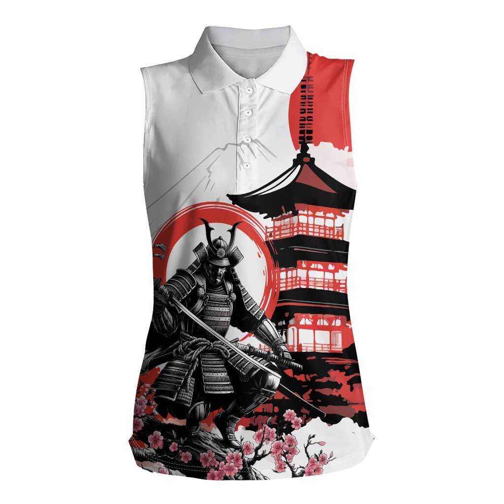 Japanese Samurai Warrior Enso Women Sleeveless Polo Shirt Japan Pagoda Sakura Watercolor LT14 Female White - Polynesian Pride