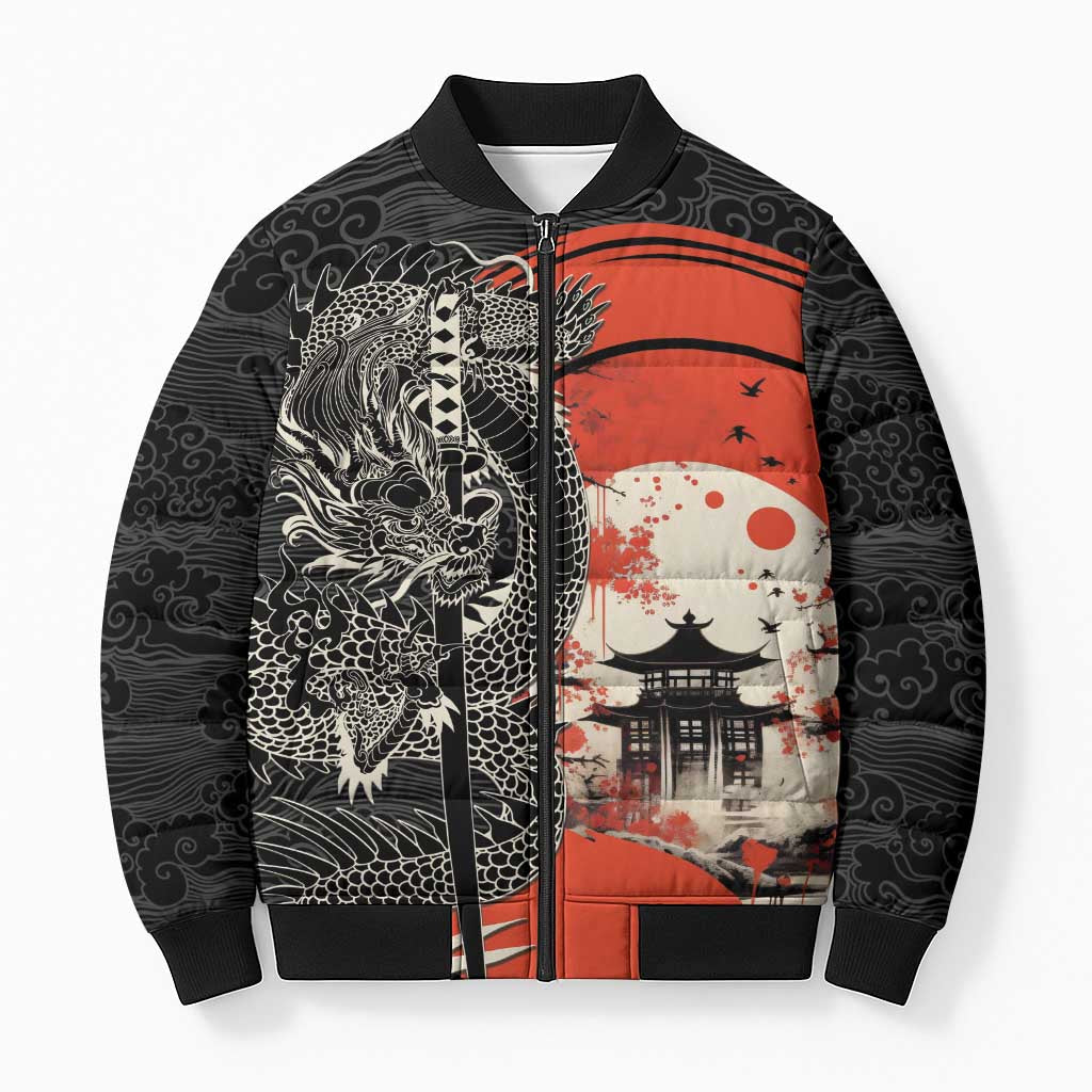 Japanese Dragon Katana Enso Bomber Puffer Jacket Japan Pagoda Seamless Cloud - Polynesian Pride