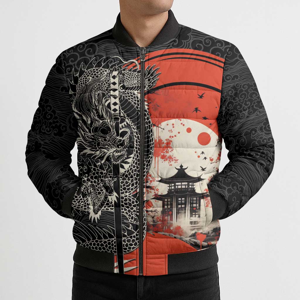 Japanese Dragon Katana Enso Bomber Puffer Jacket Japan Pagoda Seamless Cloud - Polynesian Pride