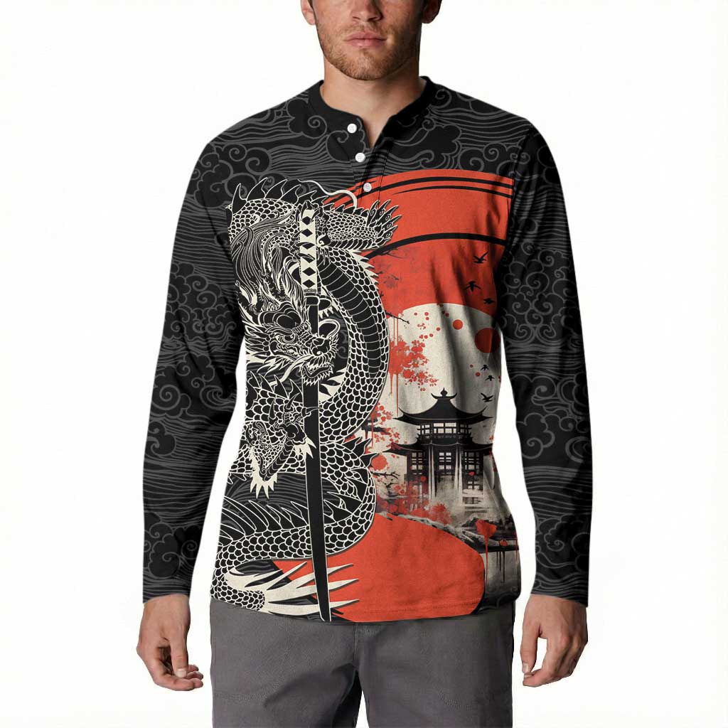 Japanese Dragon Katana Enso Button Sweatshirt Japan Pagoda Seamless Cloud - Polynesian Pride