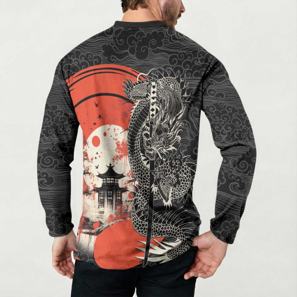 Japanese Dragon Katana Enso Button Sweatshirt Japan Pagoda Seamless Cloud - Polynesian Pride