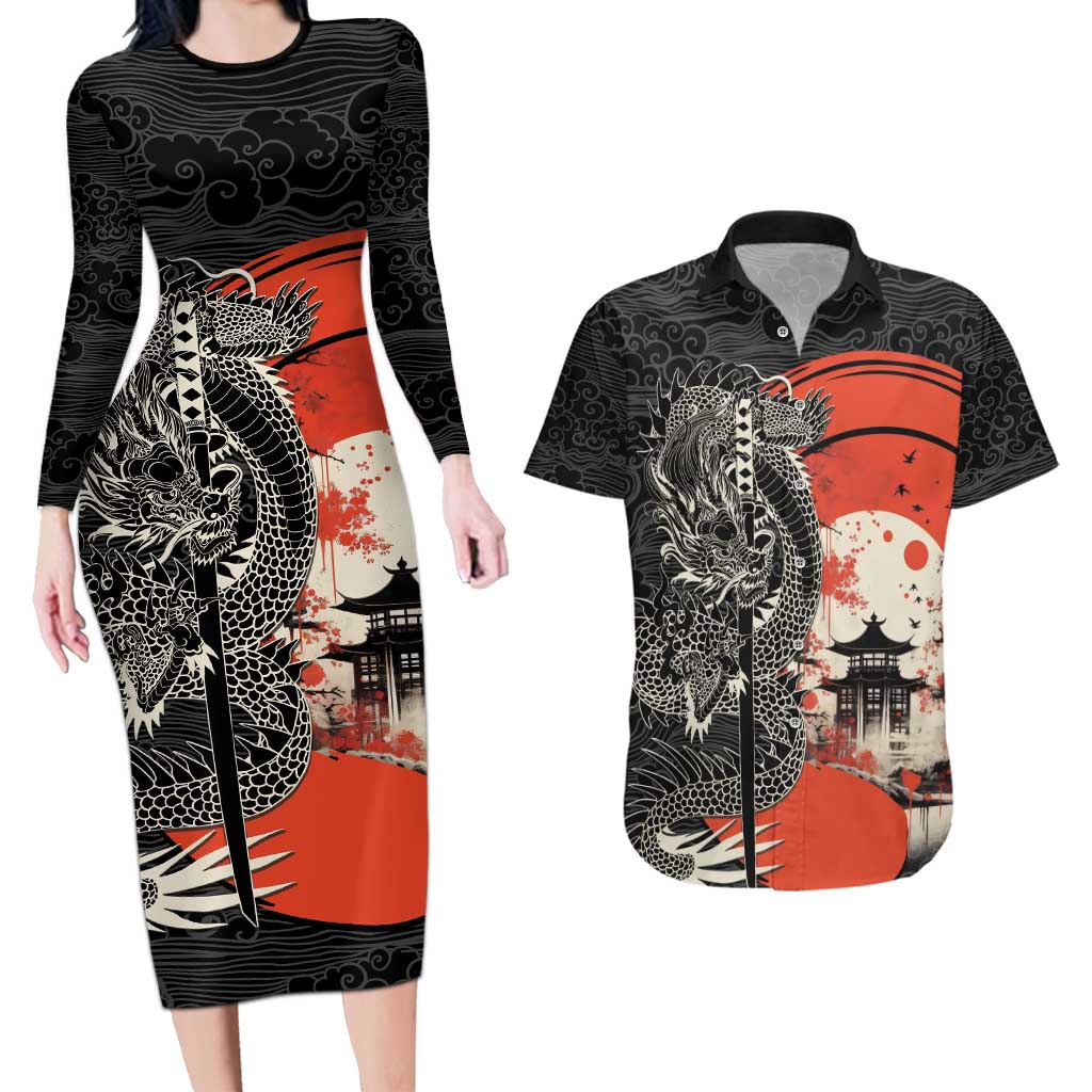 Japanese Dragon Katana Enso Couples Matching Long Sleeve Bodycon Dress and Hawaiian Shirt Japan Pagoda Seamless Cloud LT14 Black - Polynesian Pride