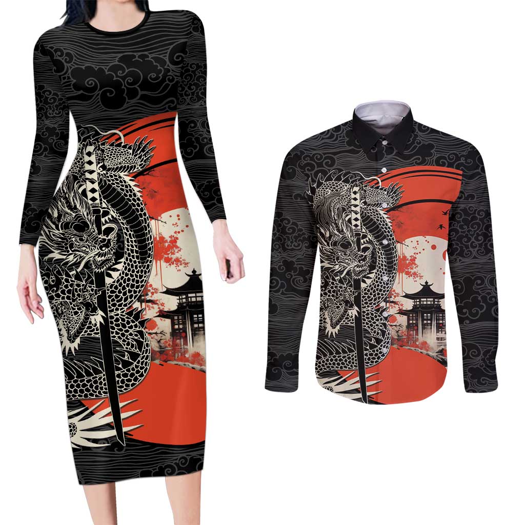 Japanese Dragon Katana Enso Couples Matching Long Sleeve Bodycon Dress and Long Sleeve Button Shirt Japan Pagoda Seamless Cloud LT14 Black - Polynesian Pride