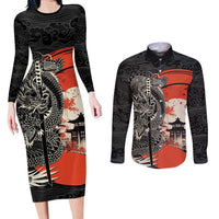Japanese Dragon Katana Enso Couples Matching Long Sleeve Bodycon Dress and Long Sleeve Button Shirt Japan Pagoda Seamless Cloud LT14 Black - Polynesian Pride