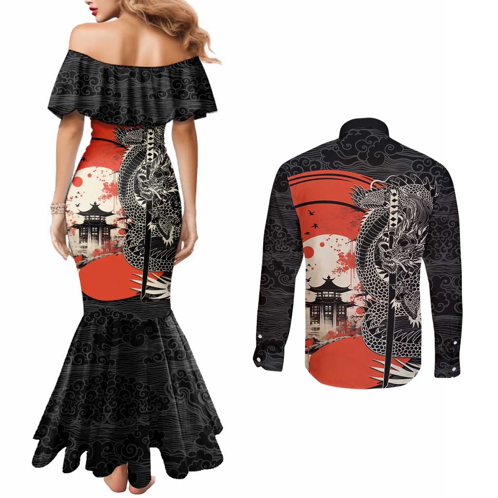 Japanese Dragon Katana Enso Couples Matching Mermaid Dress and Long Sleeve Button Shirt Japan Pagoda Seamless Cloud - Polynesian Pride