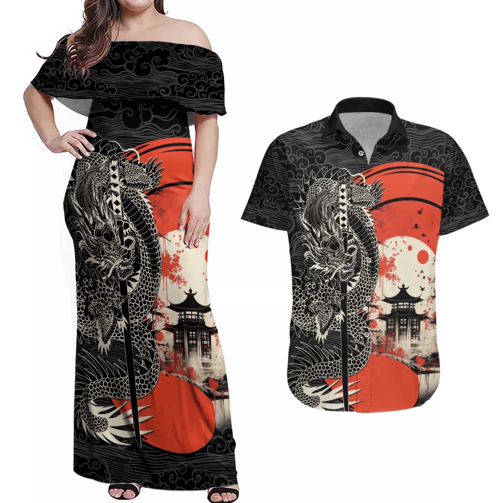 Japanese Dragon Katana Enso Couples Matching Off Shoulder Maxi Dress and Hawaiian Shirt Japan Pagoda Seamless Cloud - Polynesian Pride