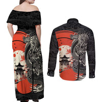 Japanese Dragon Katana Enso Couples Matching Off Shoulder Maxi Dress and Long Sleeve Button Shirt Japan Pagoda Seamless Cloud - Polynesian Pride
