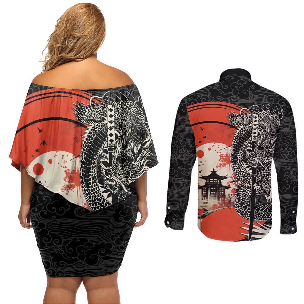 Japanese Dragon Katana Enso Couples Matching Off Shoulder Short Dress and Long Sleeve Button Shirt Japan Pagoda Seamless Cloud - Polynesian Pride