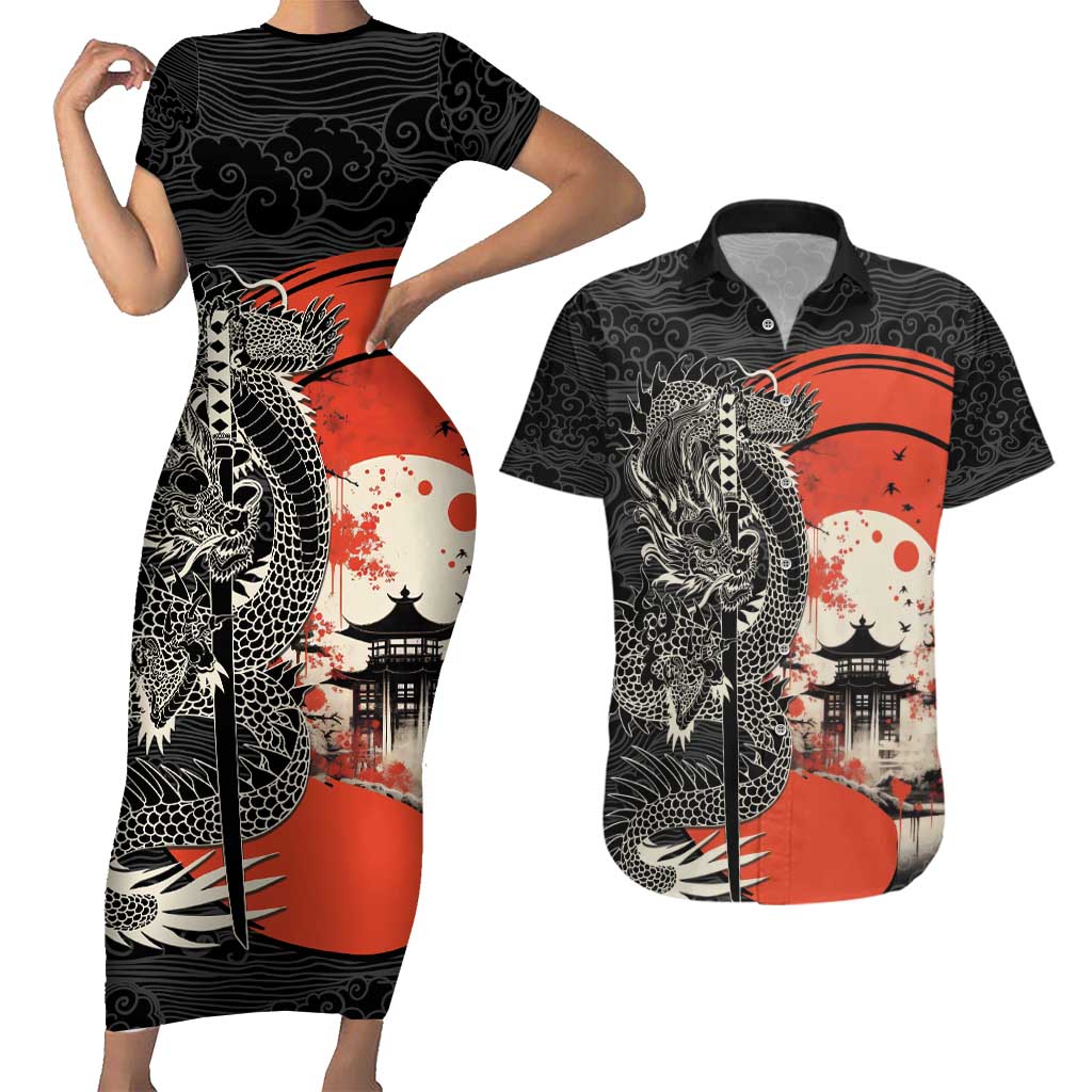 Japanese Dragon Katana Enso Couples Matching Short Sleeve Bodycon Dress and Hawaiian Shirt Japan Pagoda Seamless Cloud LT14 Black - Polynesian Pride