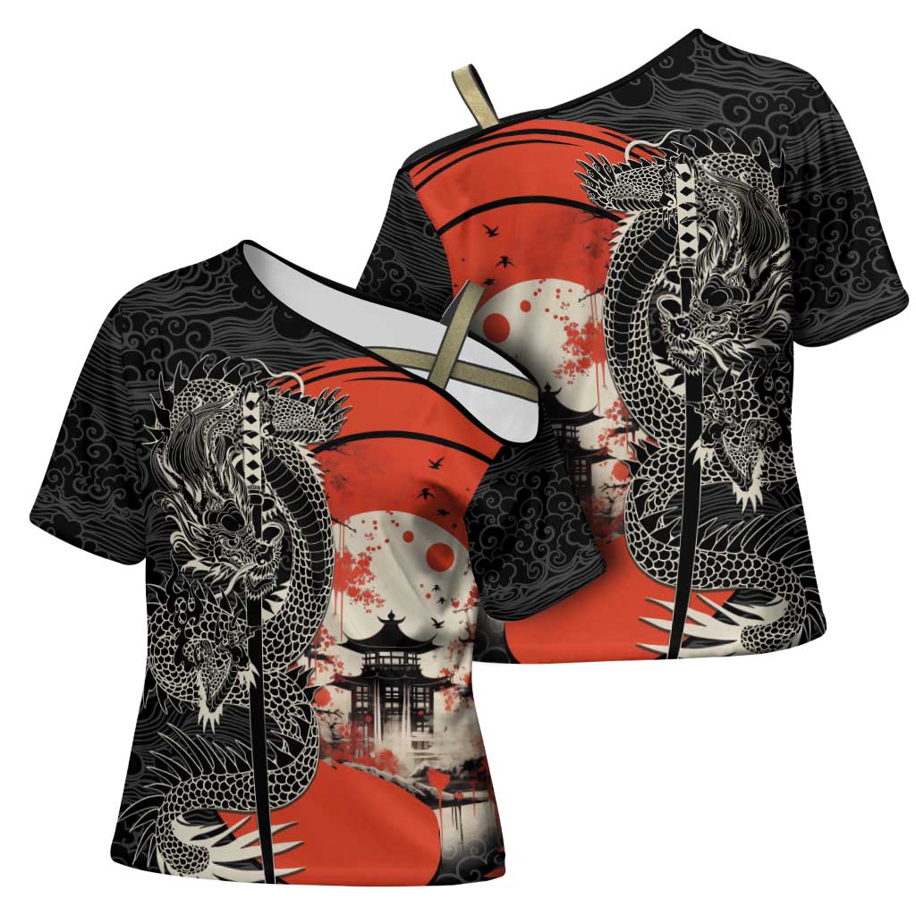 Japanese Dragon Katana Enso Cross Shoulder Shirt Japan Pagoda Seamless Cloud - Polynesian Pride