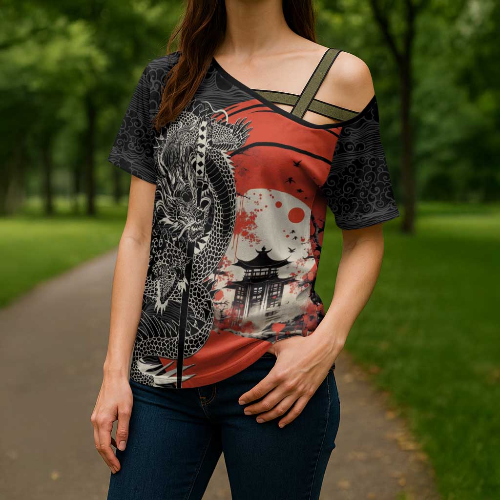 Japanese Dragon Katana Enso Cross Shoulder Shirt Japan Pagoda Seamless Cloud - Polynesian Pride