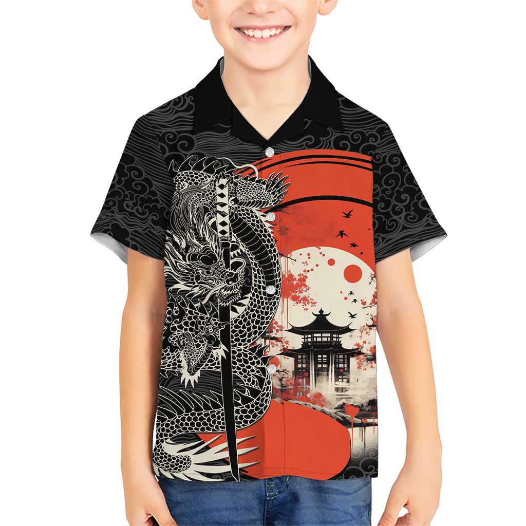 Japanese Dragon Katana Enso Family Matching Mermaid Dress and Hawaiian Shirt Japan Pagoda Seamless Cloud LT14 Son's Shirt Black - Polynesian Pride
