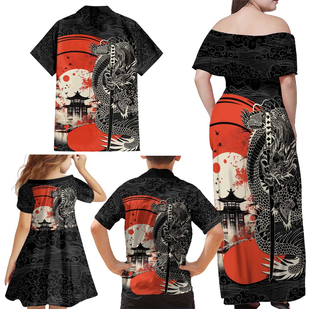 Japanese Dragon Katana Enso Family Matching Off Shoulder Maxi Dress and Hawaiian Shirt Japan Pagoda Seamless Cloud LT14 - Polynesian Pride