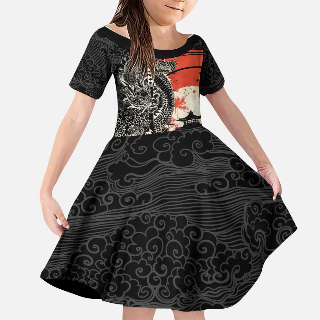 Japanese Dragon Katana Enso Family Matching Off Shoulder Short Dress and Hawaiian Shirt Japan Pagoda Seamless Cloud LT14 Daughter's Dress Black - Polynesian Pride