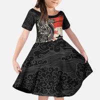 Japanese Dragon Katana Enso Family Matching Short Sleeve Bodycon Dress and Hawaiian Shirt Japan Pagoda Seamless Cloud LT14 Daughter's Dress Black - Polynesian Pride