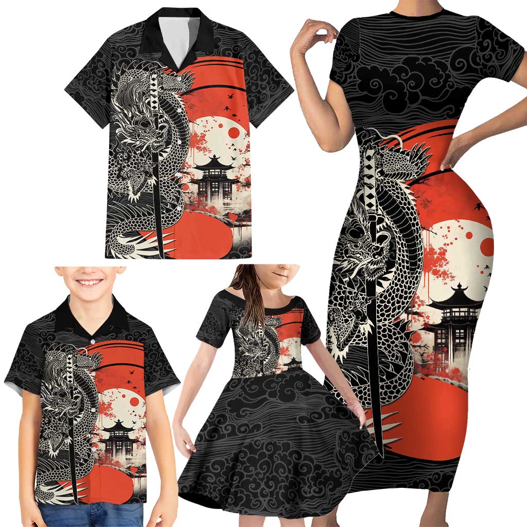 Japanese Dragon Katana Enso Family Matching Short Sleeve Bodycon Dress and Hawaiian Shirt Japan Pagoda Seamless Cloud - Polynesian Pride