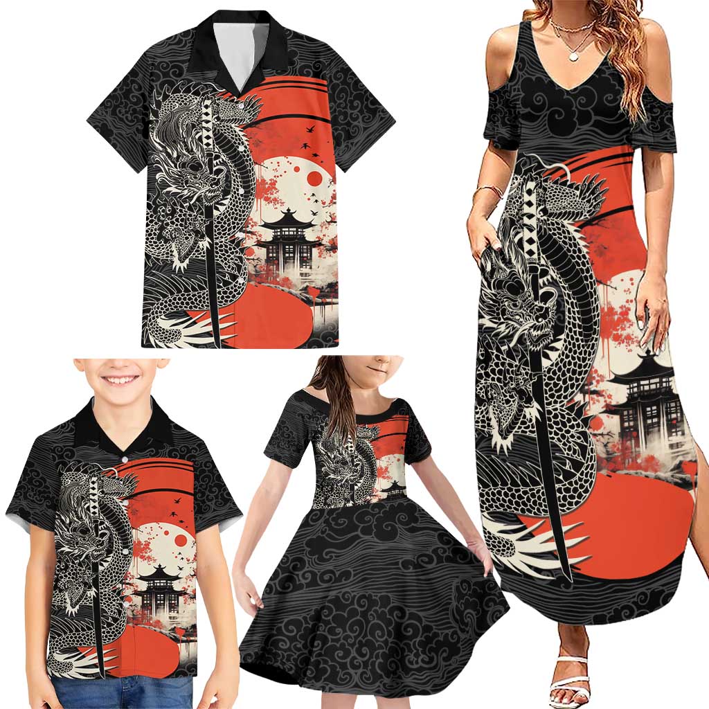 Japanese Dragon Katana Enso Family Matching Summer Maxi Dress and Hawaiian Shirt Japan Pagoda Seamless Cloud LT14 - Polynesian Pride
