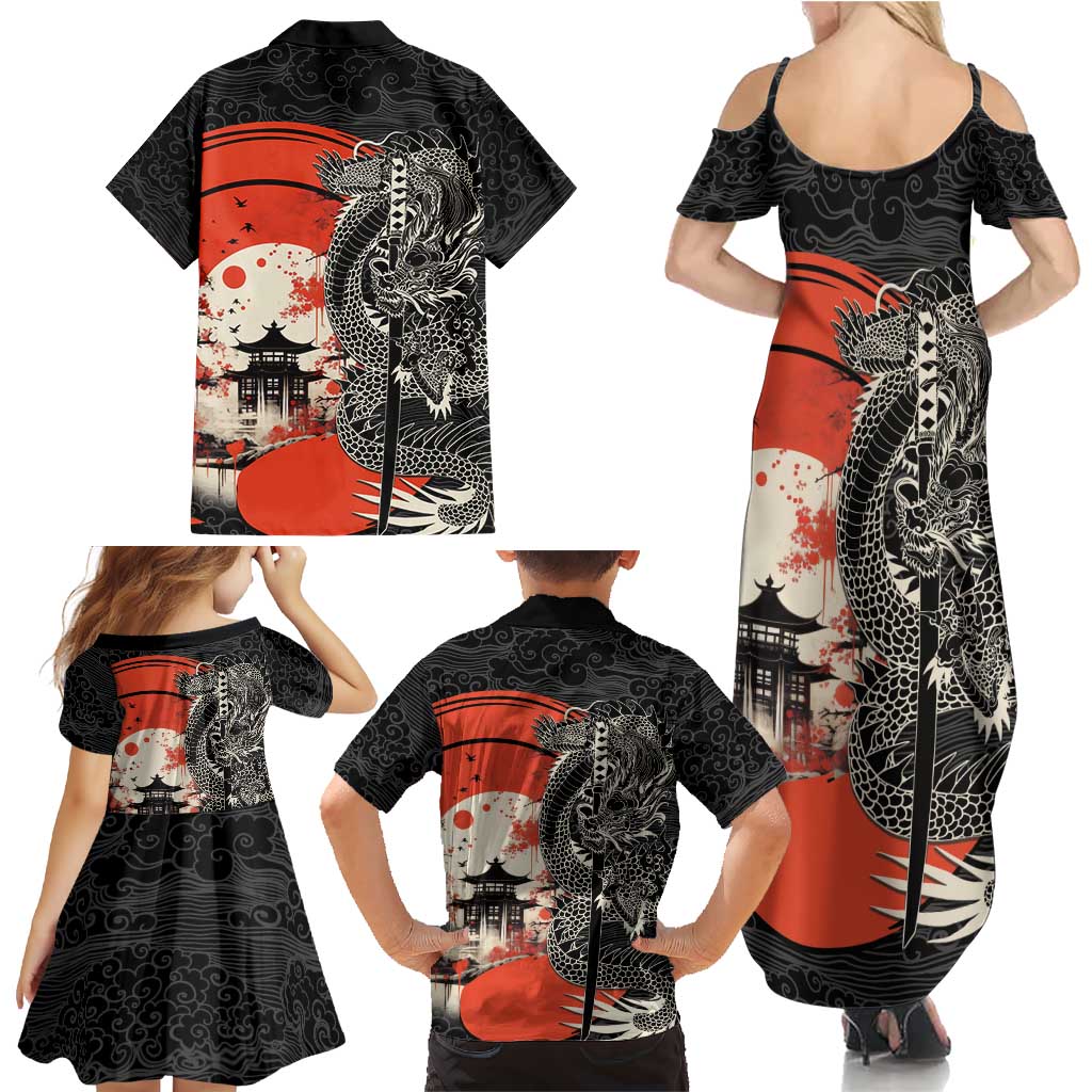 Japanese Dragon Katana Enso Family Matching Summer Maxi Dress and Hawaiian Shirt Japan Pagoda Seamless Cloud LT14 - Polynesian Pride
