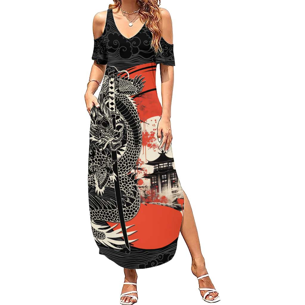 Japanese Dragon Katana Enso Family Matching Summer Maxi Dress and Hawaiian Shirt Japan Pagoda Seamless Cloud LT14 Mom's Dress Black - Polynesian Pride