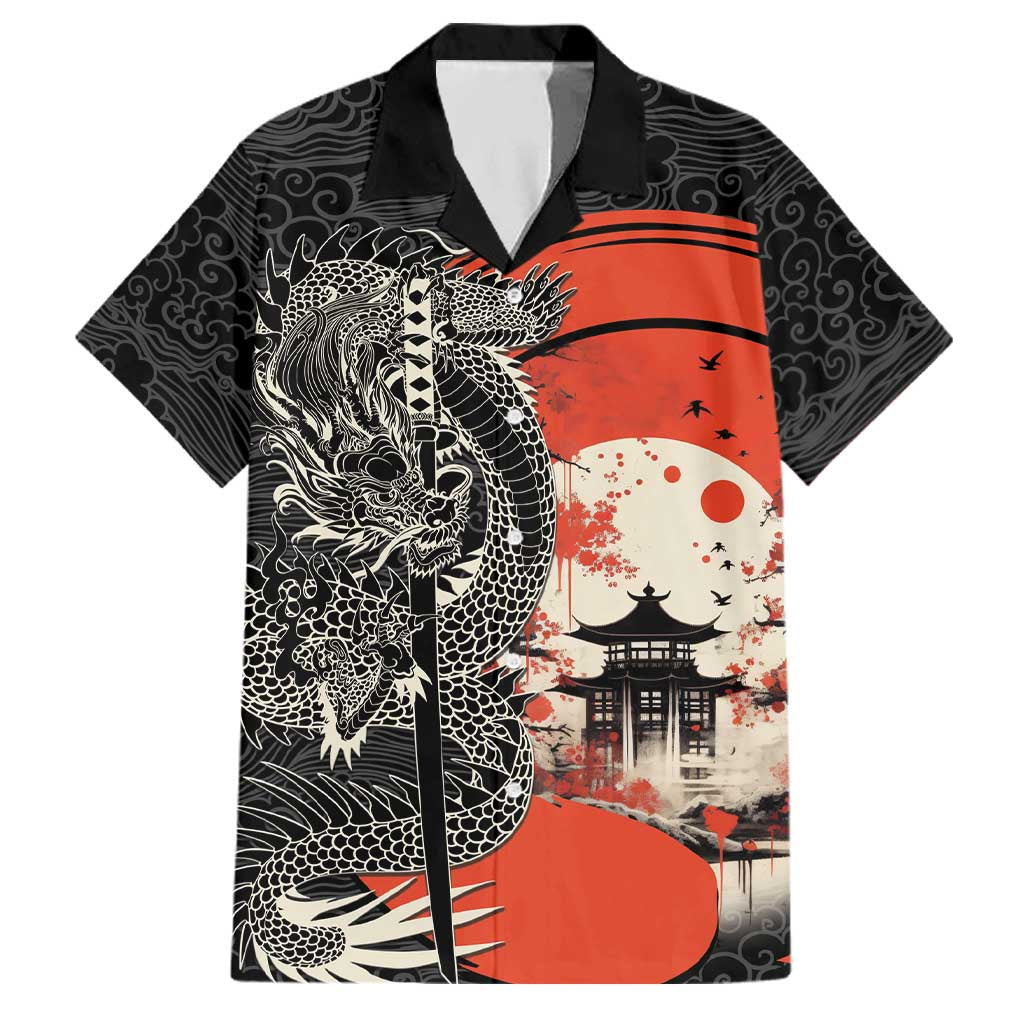 Japanese Dragon Katana Enso Family Matching Tank Maxi Dress and Hawaiian Shirt Japan Pagoda Seamless Cloud LT14 Dad's Shirt - Short Sleeve Black - Polynesian Pride
