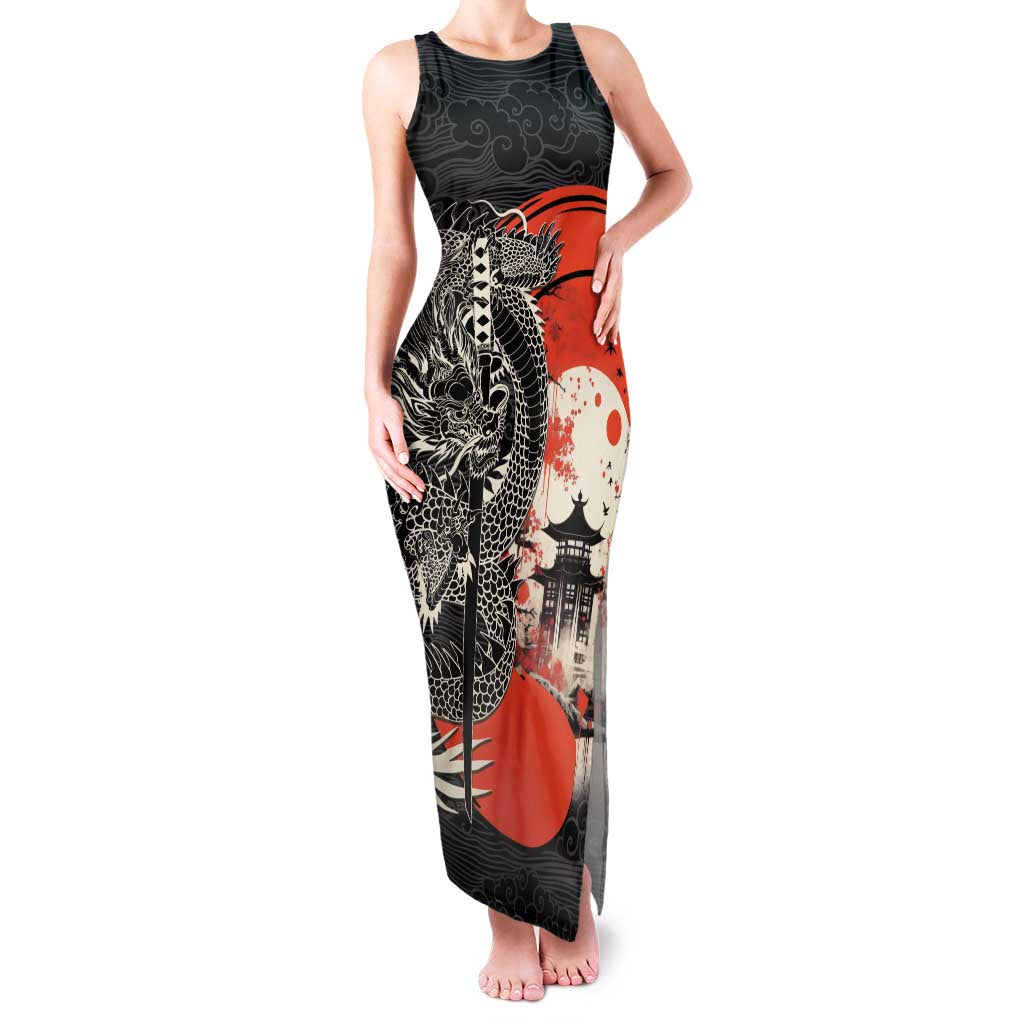 Japanese Dragon Katana Enso Family Matching Tank Maxi Dress and Hawaiian Shirt Japan Pagoda Seamless Cloud LT14 Mom's Dress Black - Polynesian Pride