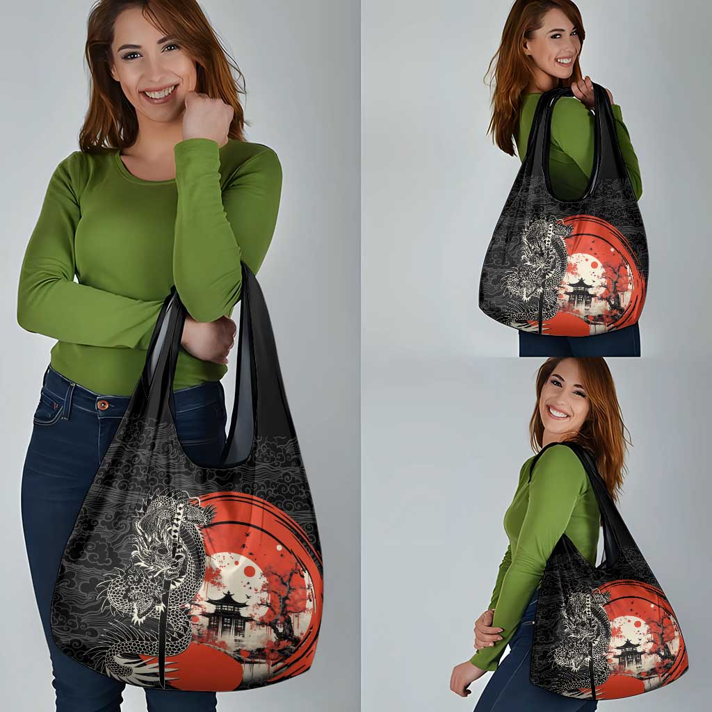 Japanese Dragon Katana Enso Grocery Bag Japan Pagoda Seamless Cloud - Polynesian Pride