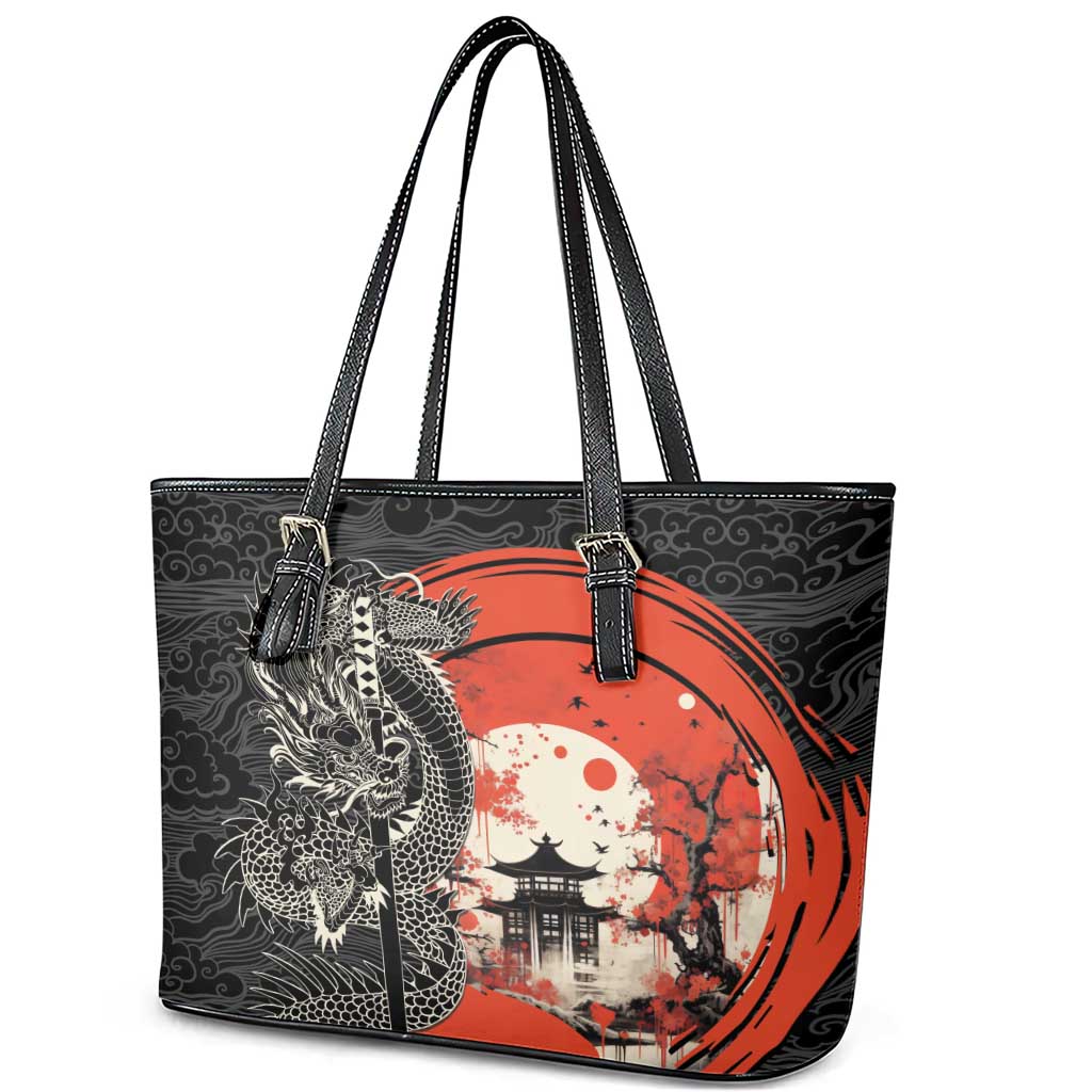 Japanese Dragon Katana Enso Leather Tote Bag Japan Pagoda Seamless Cloud - Polynesian Pride
