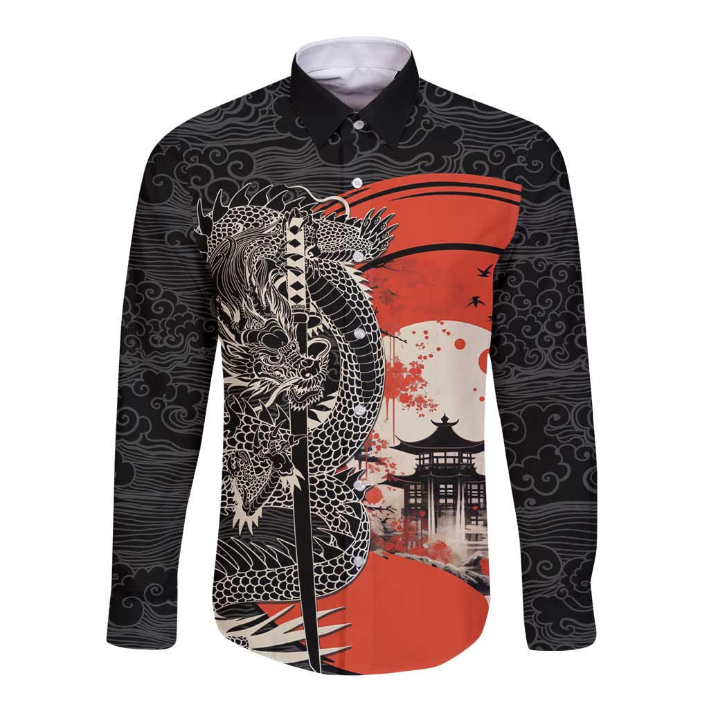 Japanese Dragon Katana Enso Long Sleeve Button Shirt Japan Pagoda Seamless Cloud - Polynesian Pride