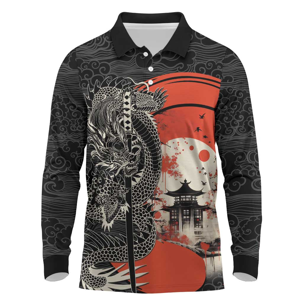 Japanese Dragon Katana Enso Long Sleeve Polo Shirt Japan Pagoda Seamless Cloud - Polynesian Pride