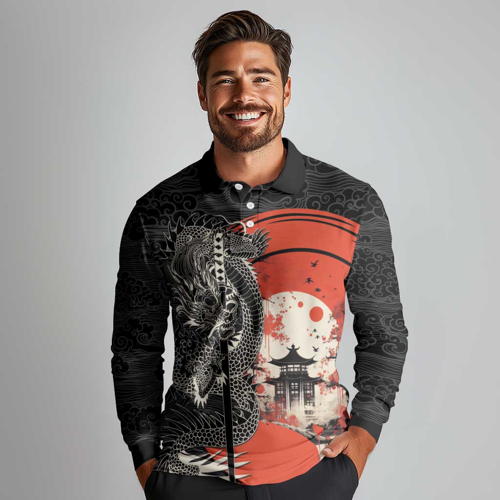 Japanese Dragon Katana Enso Long Sleeve Polo Shirt Japan Pagoda Seamless Cloud - Polynesian Pride