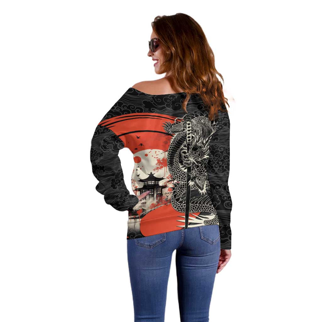 Japanese Dragon Katana Enso Off Shoulder Sweater Japan Pagoda Seamless Cloud - Polynesian Pride