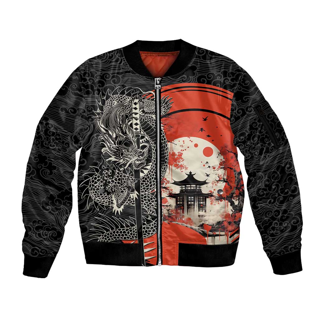 Japanese Dragon Katana Enso Sleeve Zip Bomber Jacket Japan Pagoda Seamless Cloud - Polynesian Pride