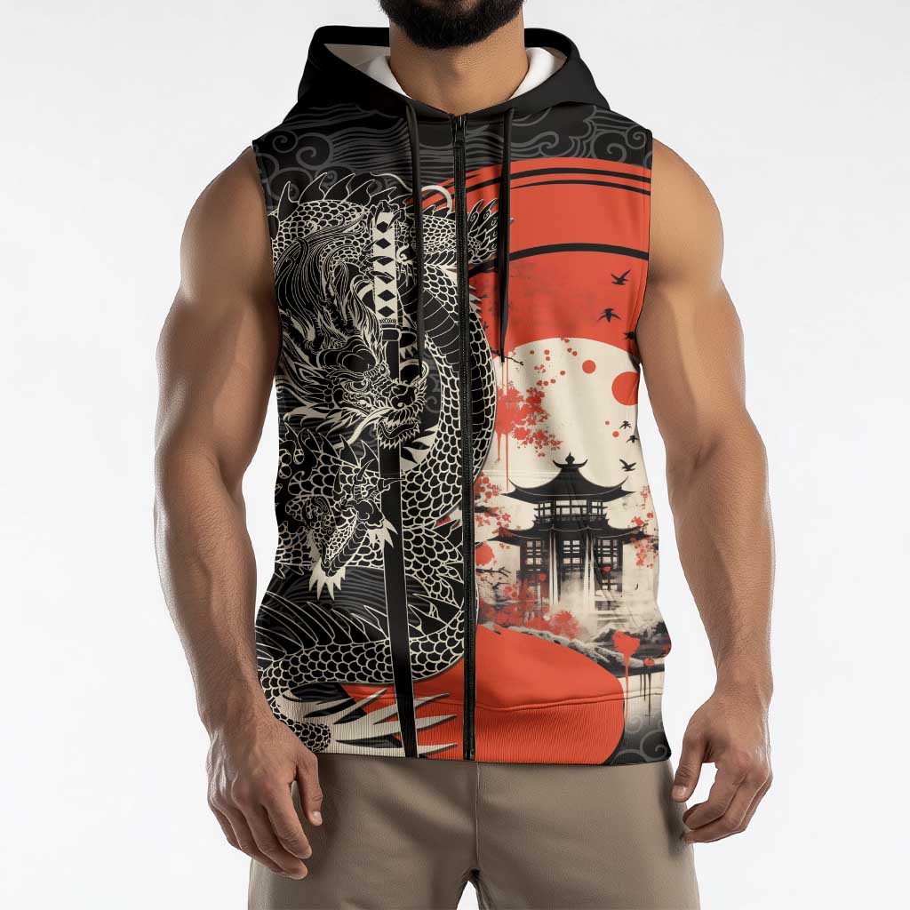 Japanese Dragon Katana Enso Sleeveless Zip Hoodie Japan Pagoda Seamless Cloud - Polynesian Pride