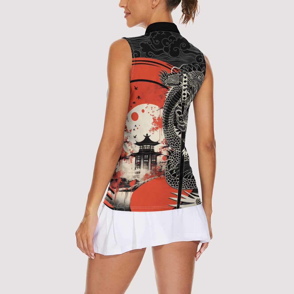 Japanese Dragon Katana Enso Women Sleeveless Polo Shirt Japan Pagoda Seamless Cloud - Polynesian Pride