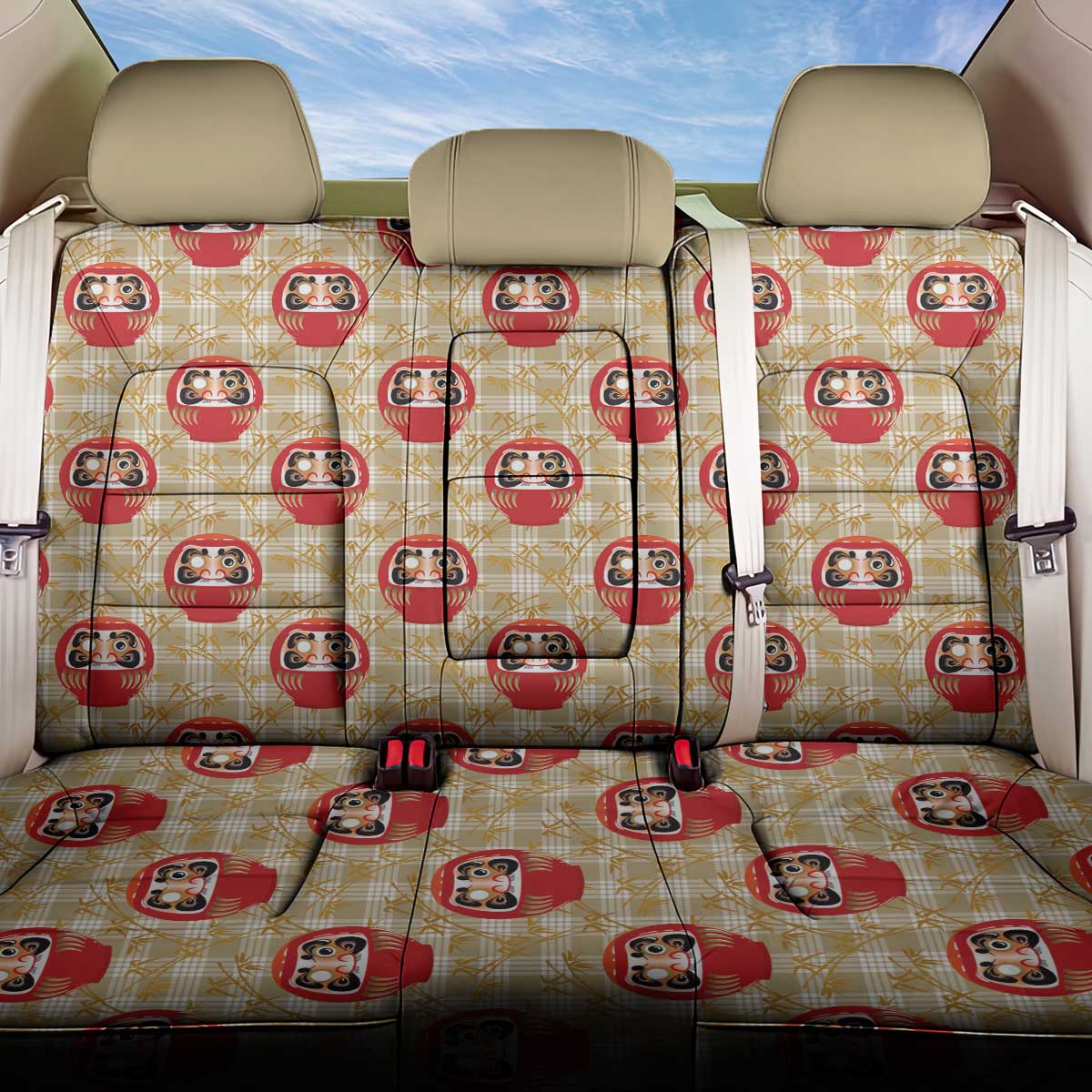 Japanese Daruma Doll Back Car Seat Cover Palaka With Seamless Bamboo Pattern - Polynesian Pride