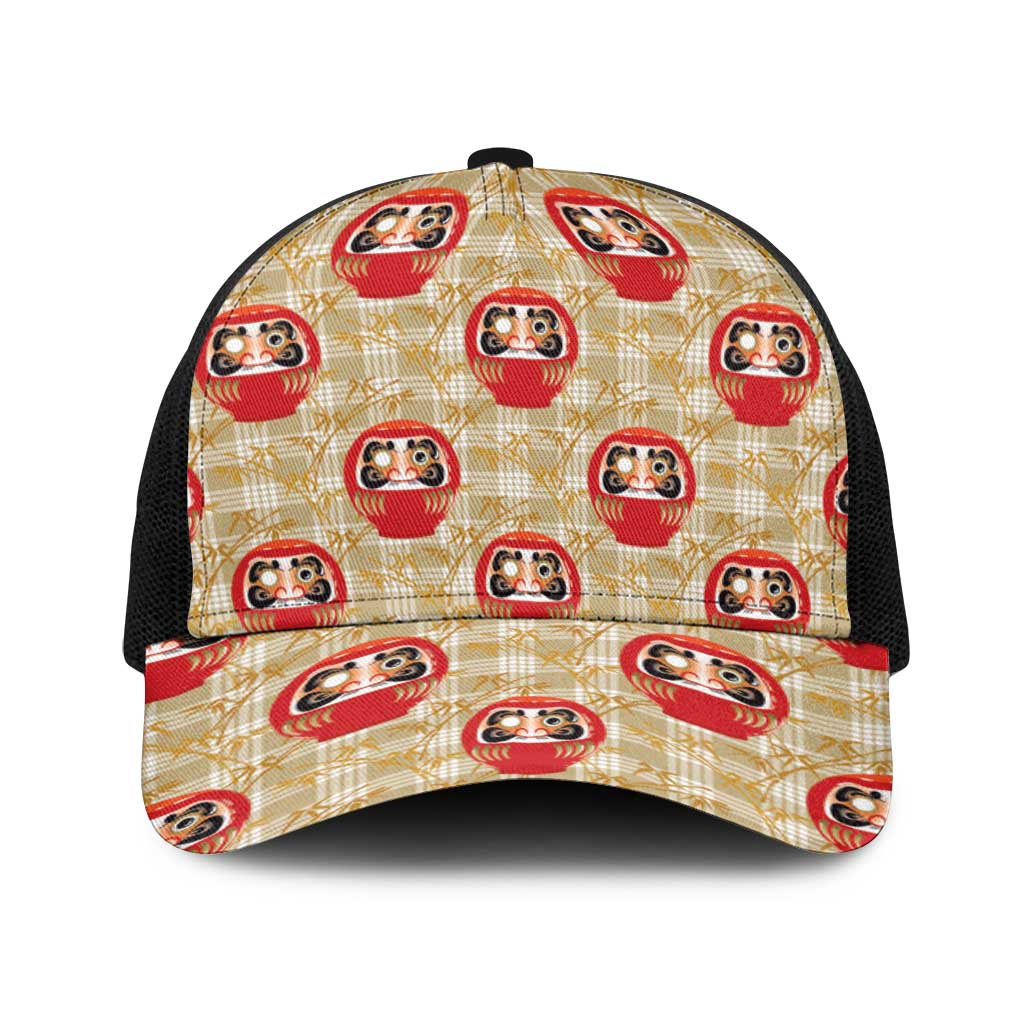 Japanese Daruma Doll Baseball Net Cap Palaka With Seamless Bamboo Pattern LT14 One Size Black Beige - Polynesian Pride